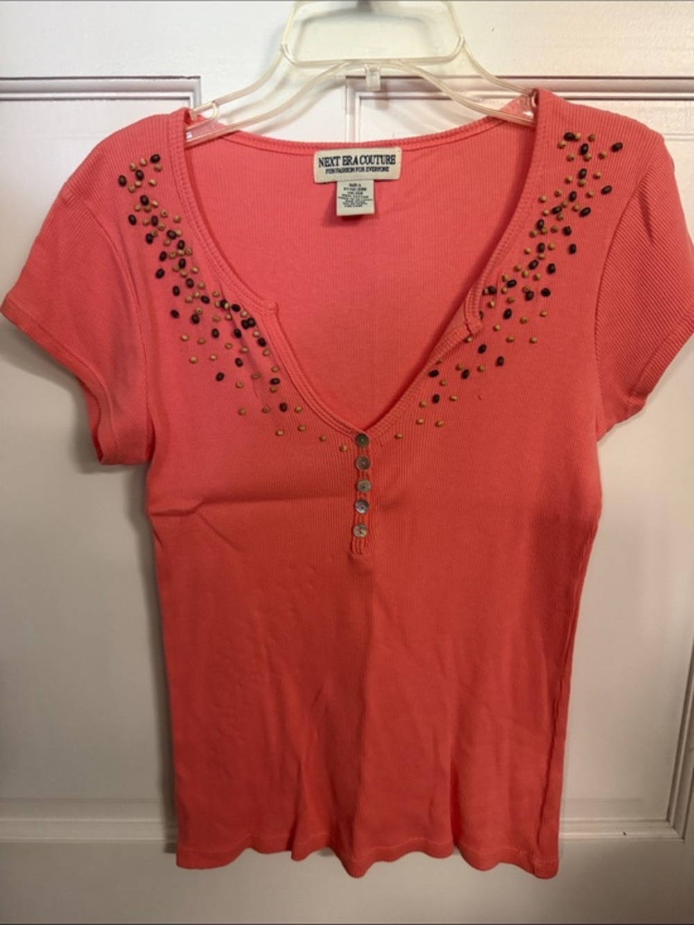 NEXT ERA COUTURE Coral V-Neck Short Sleeve Top with Stud Detail